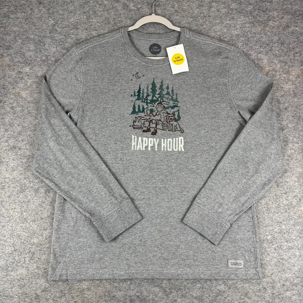 Life Is Good Classic Fit T-Shirt Long Sleeve Happy Hour Camping Mens Large L